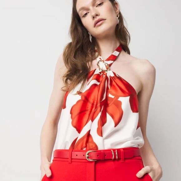 WHBM M Red Gold Tone Double D Detail Round Buckle Leather Pant Belt - Picture 2 of 11